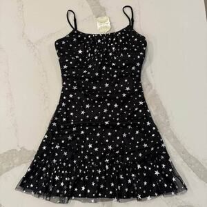 Altar’d State NWT Star Print Mini Dress Women’s Medium Black/Silver Ruched Sides